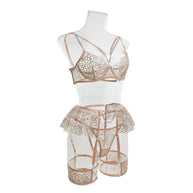 Wholesale Fancy Bra Panty Set in Beige Mesh with Embroidery Side View