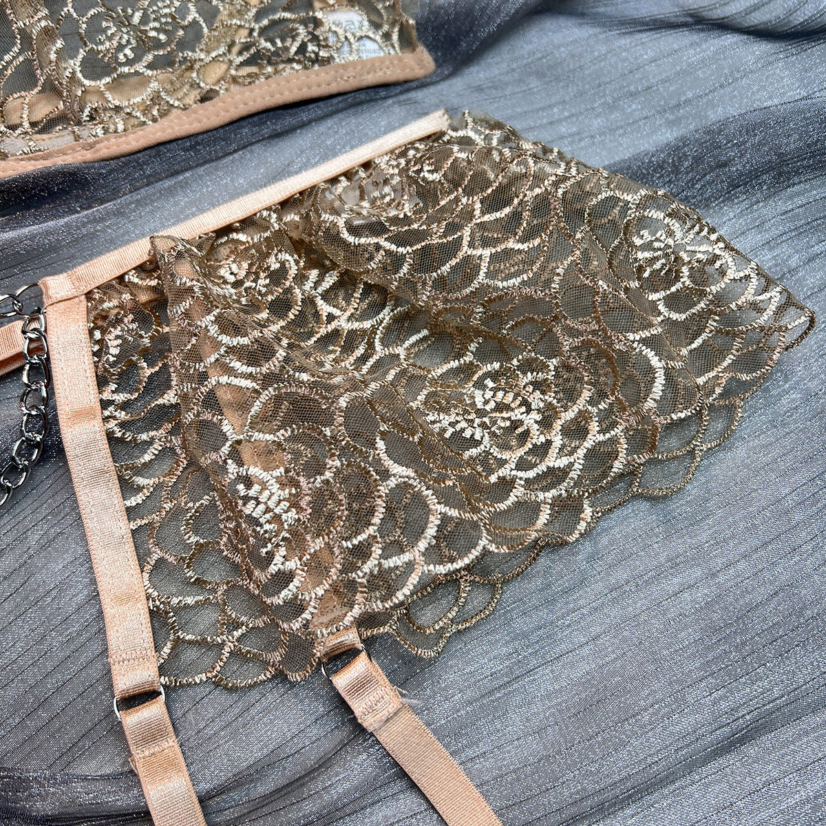 Wholesale Fancy Bra Panty Set in Beige Mesh with Embroidery Waist Details