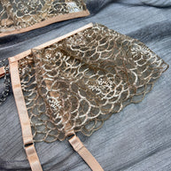 Wholesale Fancy Bra Panty Set in Beige Mesh with Embroidery Waist Details