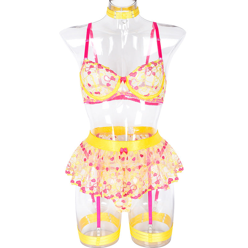 Wholesale Lace and Eyelash Bra and Panty Set with Love Embroidery Front Show