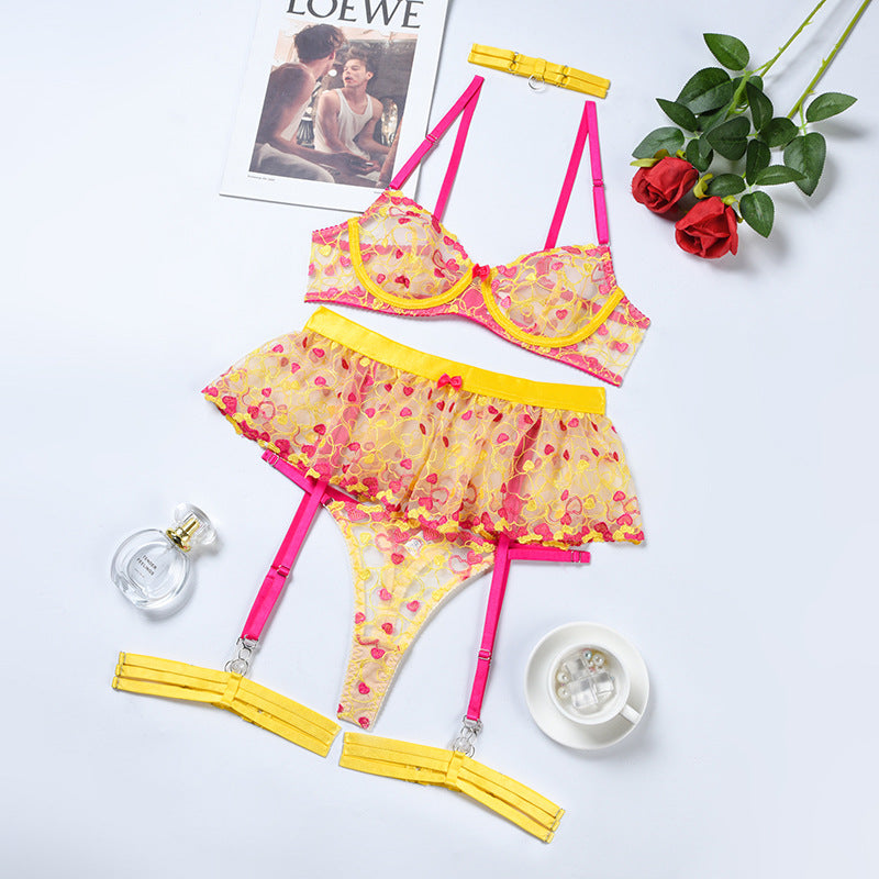 Wholesale Lace and Eyelash Bra and Panty Set with Love Embroidery Over View