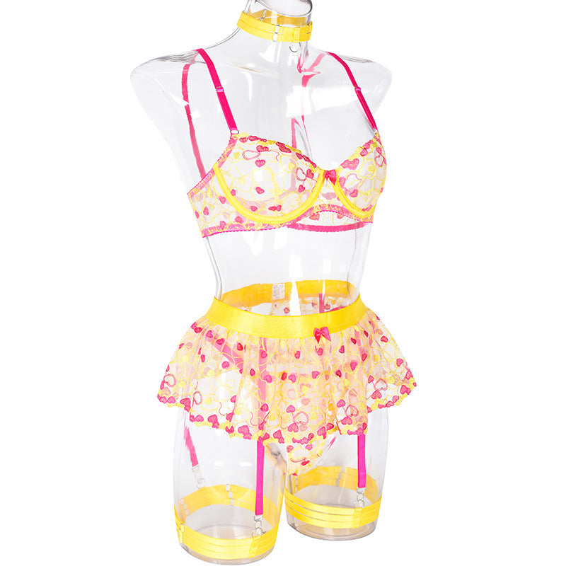 Wholesale Lace and Eyelash Bra and Panty Set with Love Embroidery Side show