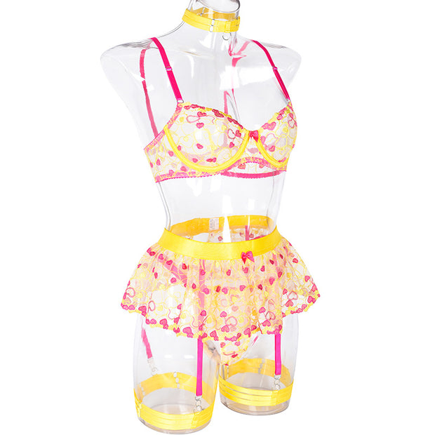 Wholesale Lace and Eyelash Bra and Panty Set with Love Embroidery Side show