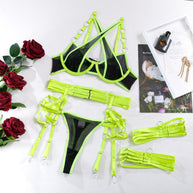 Wholesale Lime Modern Bra and Panties Set with Garter Over View