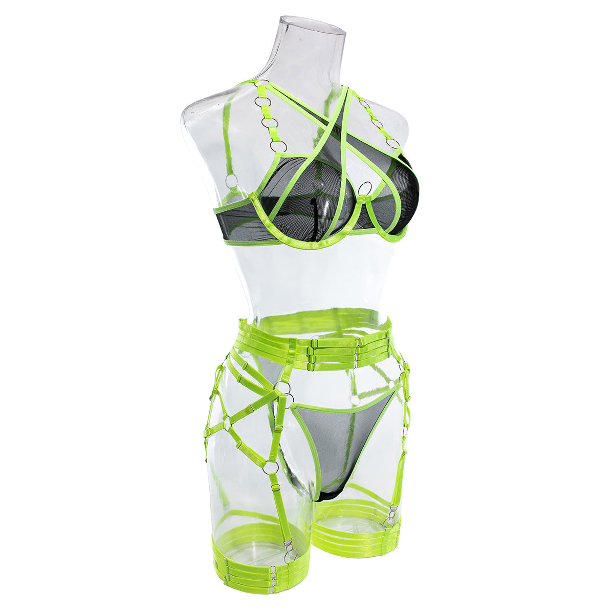 Wholesale Lime Modern Bra and Panties Set with Garter Side View