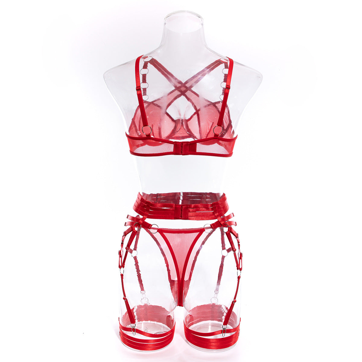 Wholesale Red Modern Bra and Panties Set with Garter Back Display