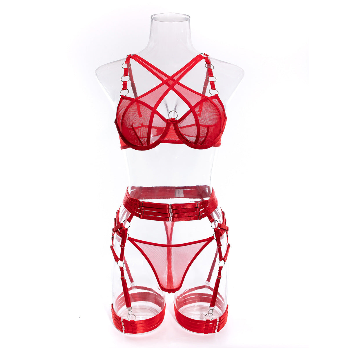 Wholesale Red Modern Bra and Panties Set with Garter Front Display