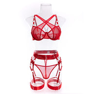 Wholesale Red Modern Bra and Panties Set with Garter Front Display