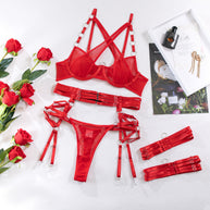 Wholesale Red Modern Bra and Panties Set with Garter Over View