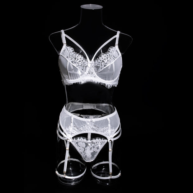 Wholesale Sexy White Bra Panty Set with Floral Lace Garter Front View
