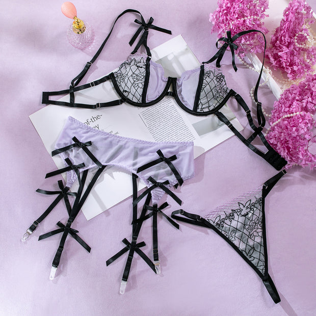 Wholesale Sheer Lace Bra and Panty Set with Matching Suspender Over View