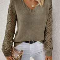 Solid V-neck Pullover Sweater With Hollow Long Sleeve Fashion Tops For Women Clothing