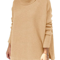 Turtleneck Sweater Mid Length Batwing Sleeve Slit Hem Tunic Pullover Sweaters Winter Tops Women Clothing