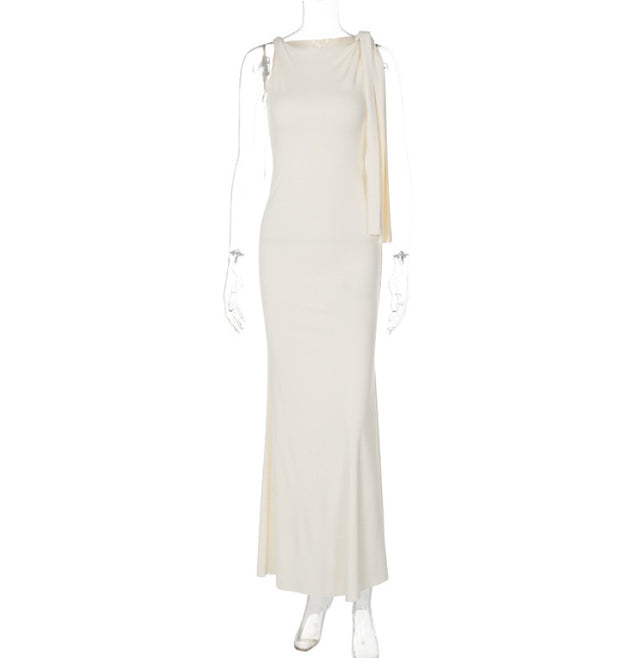 One-shoulder Ribbon Long Dress Ins Fashion Slim Sleeveless Dresses For Evening Party Club Clothing Women
