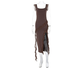 Ruffle Thigh High Split Dress Women Sexy Spaghetti Strap Square Neck Backless Suspender Dresses For Evening Praty Clothing