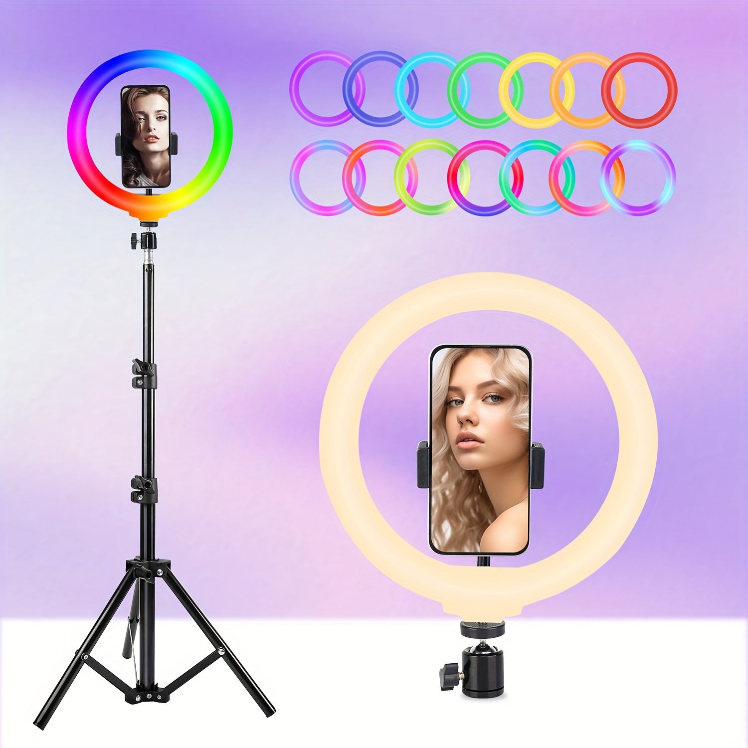 10" Selfie Ring Light With Tripod Stand, 43.3'' Tall & Phone Holder, 38 Color Modes, RGB Stepless Dimmable/Speed LED Ring Light For Live Stream Video, Photos, Make Up, 3 Color Modes For Hotel