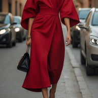 Loose Batwing Sleeve Dress Fashion Waist-tighted Solid Color Elegant Dresses For Women Clothing