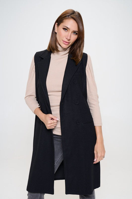 Double Breast Detail Sleeveless Coat with Collar