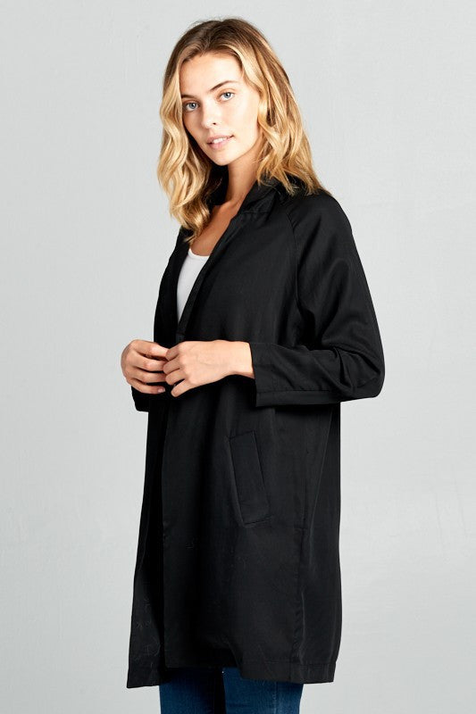 Tencel Black Notched Collar Coat with Pockets